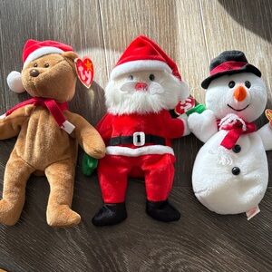 Ty Holiday Beanie Babies -  Teddy Bear, Santa and Snowman